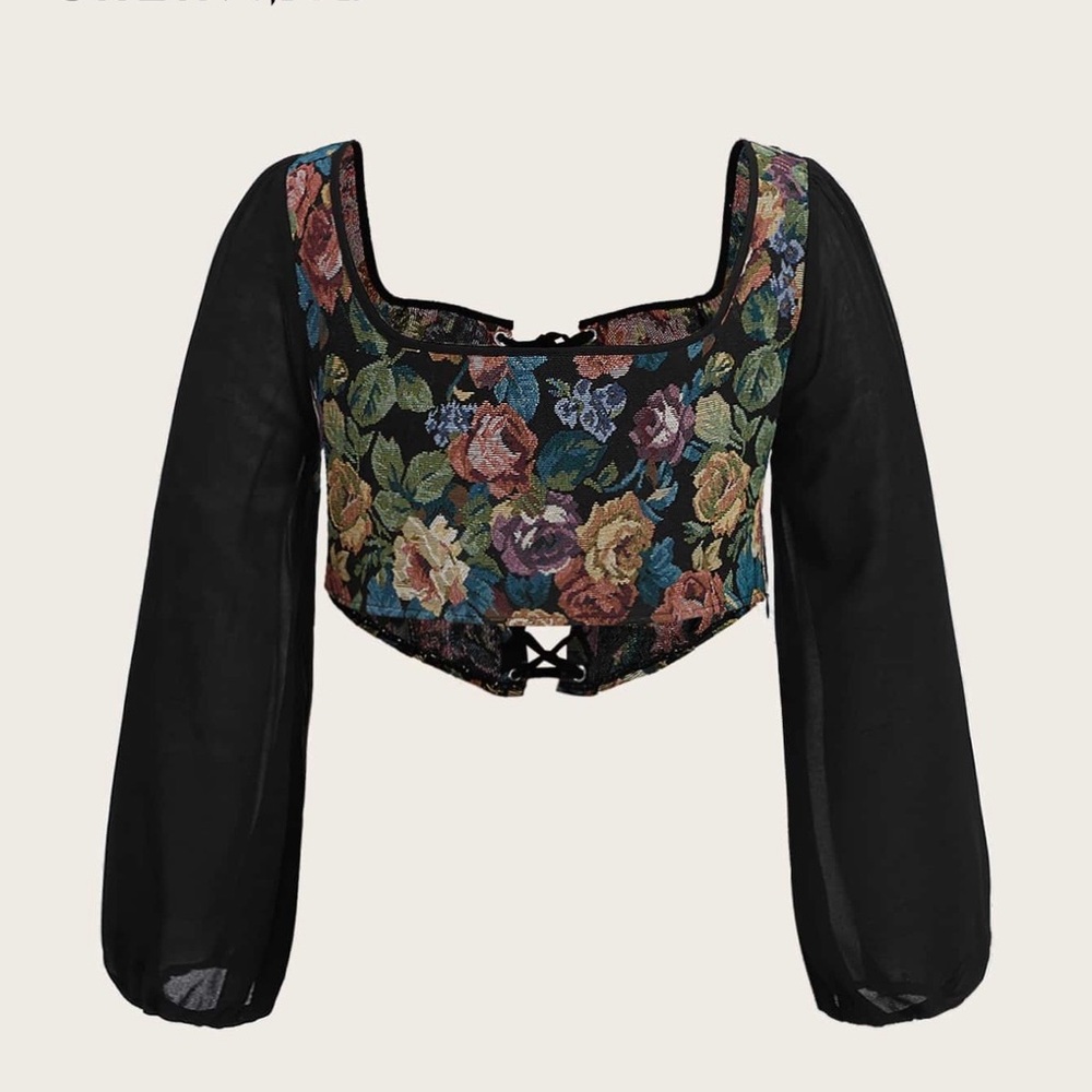 Floral Tapestry Corset Blouse with Sheer Black Sleeves